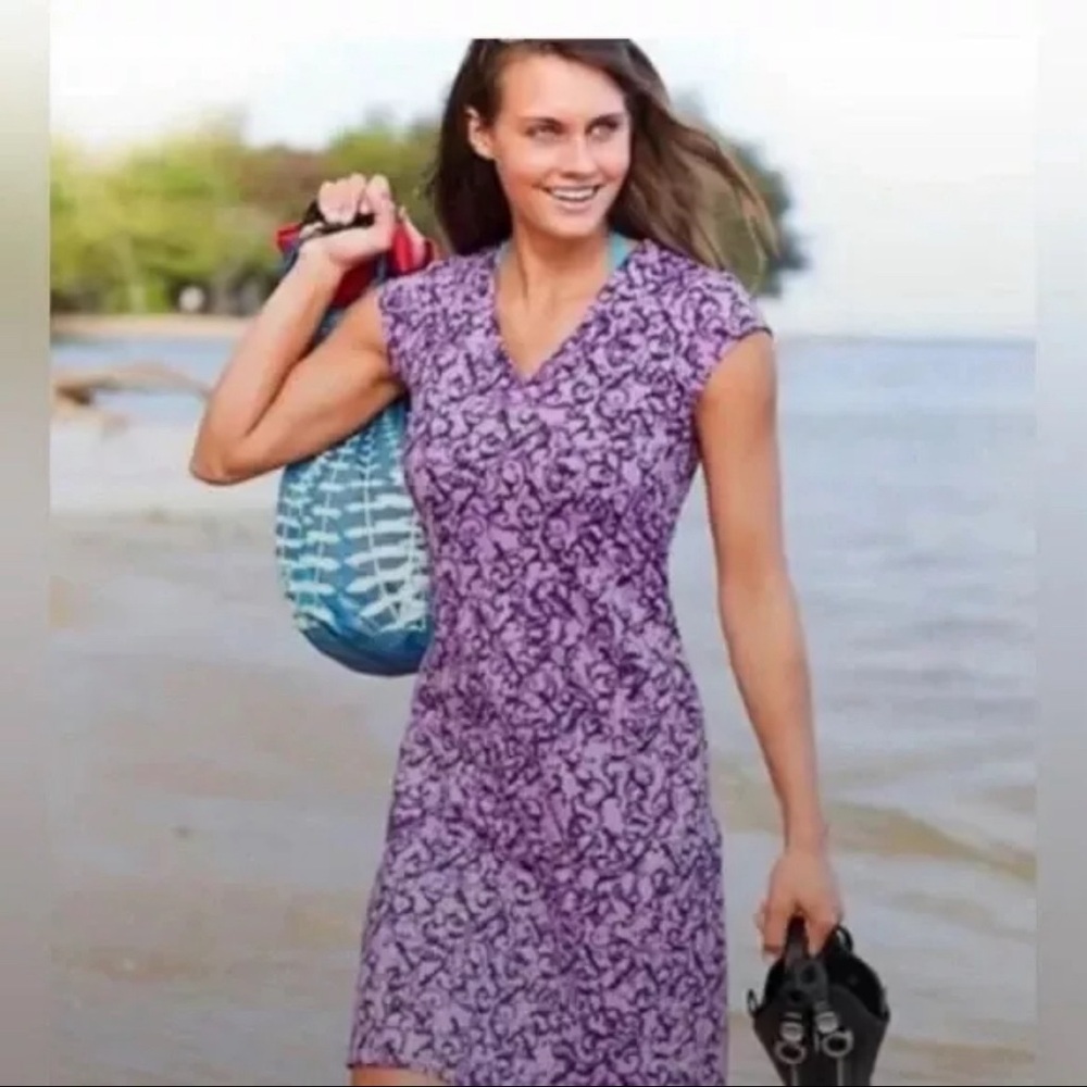 ATHLETA Faux Wrap Dress Womens Small Nectar Purple Floral 553361